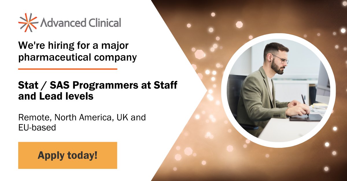 AdvClinical's tweet image. On behalf of a major pharma company, we are looking for several #Stat and #SASprogrammer roles to fill. With some remote positions and others based in NA, UK and Europe, we are filling many roles. Fill out a form and a recruiter will be in touch: hubs.la/Q01BgdhJ0