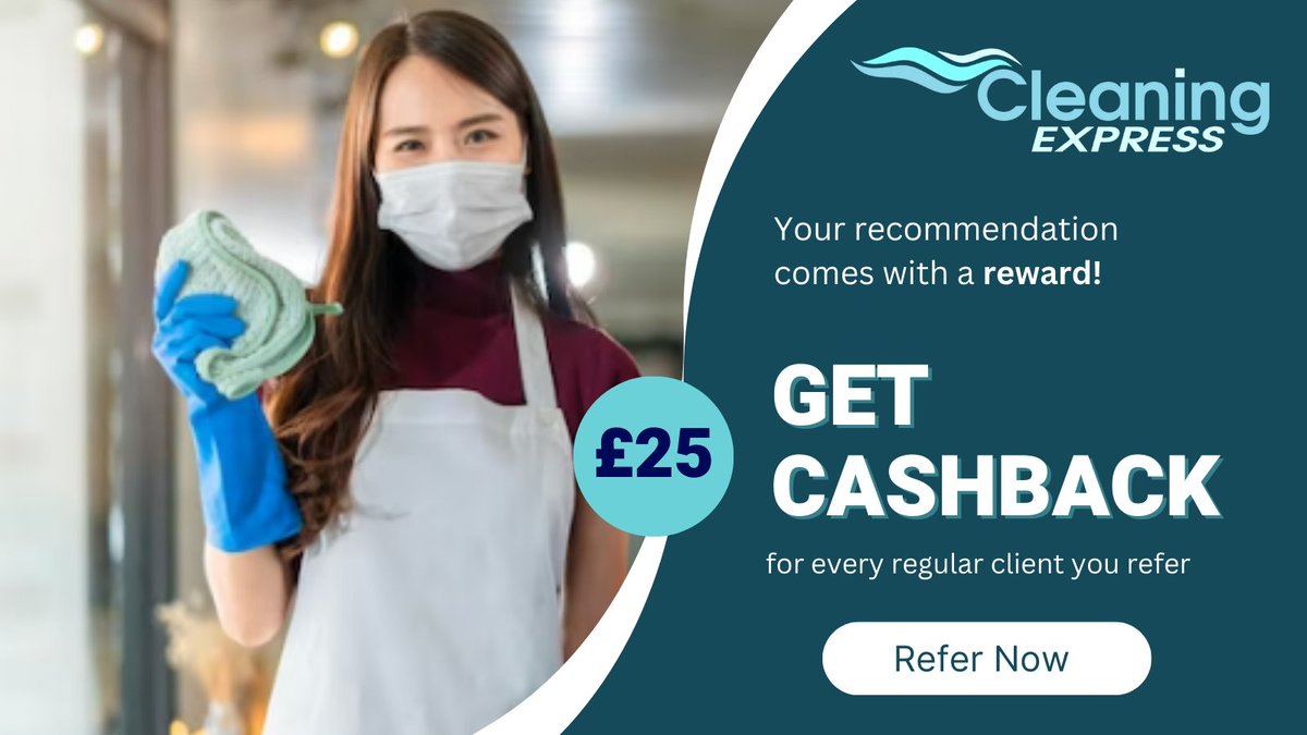 cleaningxpress's tweet photo. Refer us to your family, friends, or co-workers and get cashback from us! For every regular client you refer, you'll receive £25. The cashback will be paid after the new client has maintained the service on a continuous basis for 3 months.
Send us a message📥
#cleaningexpress https://t.co/oCyXWXKheC