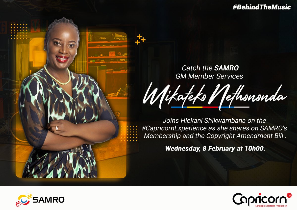 CapricornFM's tweet image. ON AIR | @SAMROMusic GM Member services, Mikateko Nethononda joins @Hlekanis on the #CapricornExperience to have a conversation on the #SAMRO's Membership and the Copyright Amendment Bill.