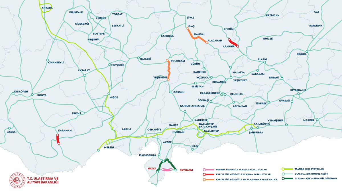 Yola çıkan, güzergâh değiştirenlerin dikkatine

⏯Tarih 08.02.2023, Saat 10.45 İtibarıyla Deprem ve Kar Yağışı Nedeniyle Kapanan Yollar / Bu Yollara Alternatif Olan Güzergâhlar 

⛔ Kapalı-açık yol bilgisi için <a href="/KarayollariGM/">Karayolları Genel Müdürlüğü</a>'nin sitesi:
yol.kgm.gov.tr/kapaliyollar