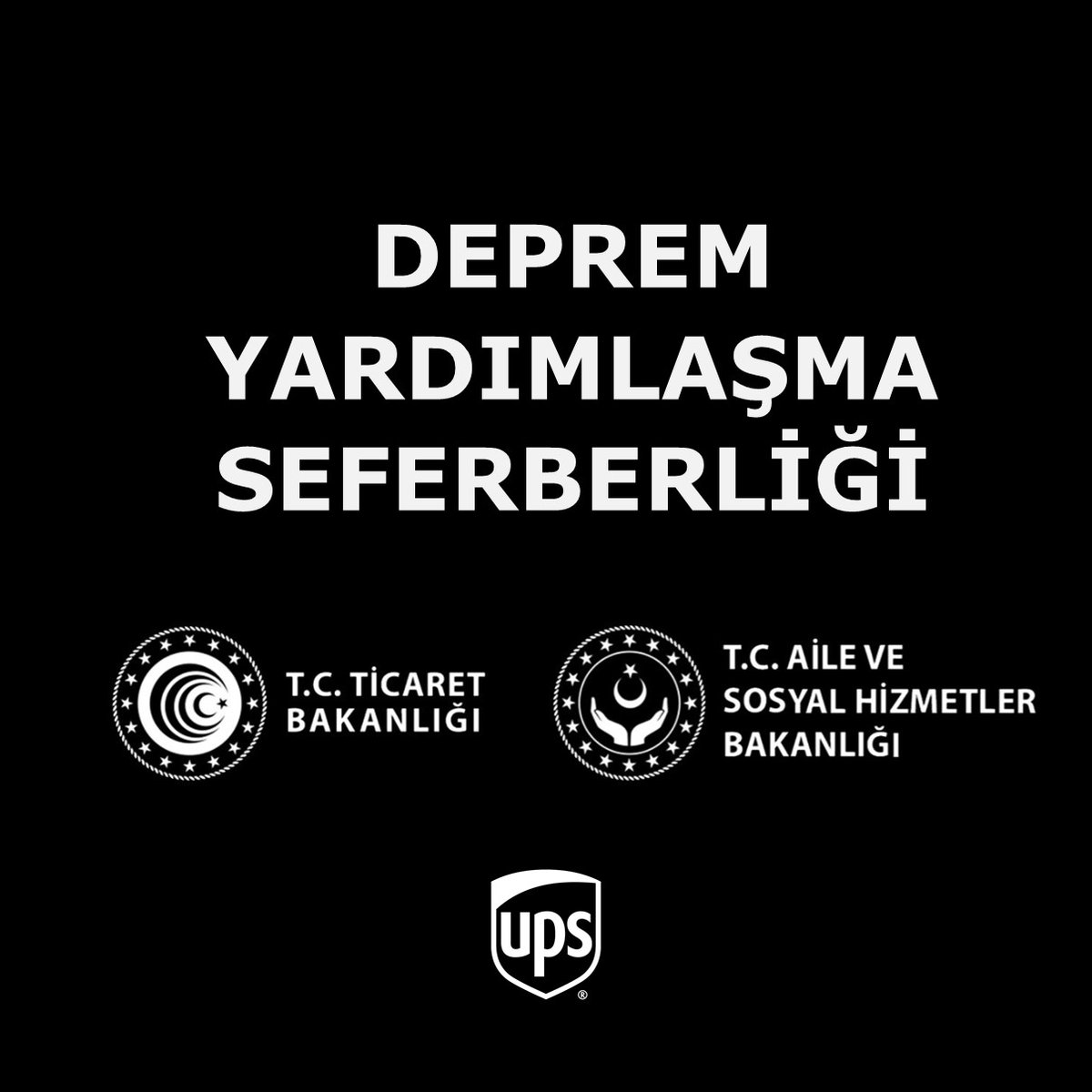 UPS Türkiye olarak, Ticaret Bakanlığımız himayesinde başlatılan 'Deprem Yardımlaşma Seferberliğine' biz de katılım sağlıyoruz. Aile ve Sosyal Politikalar Bakanlığımız ve AFAD’ın belirleyeceği teslimat noktalarına temel ihtiyaç malzemelerini teslim edeceğiz. #upstürkiye