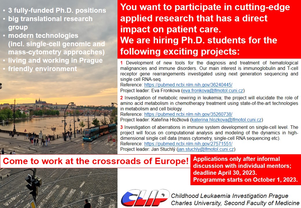 Want to do PhD in translational biomedical research? The Prague CLIP group is looking for three motivated students with a medical, biological or mathematical background. Excellent research, friendly environment. More info and contact in the flyer.
Please retweet.