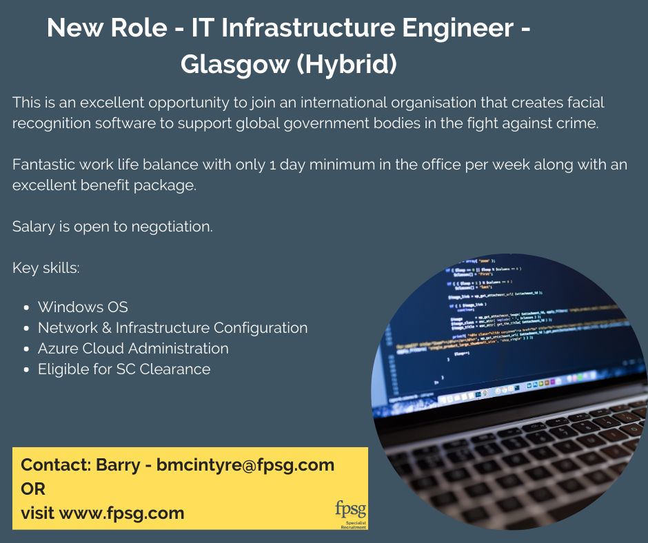Did you know that #ITInfrastructure Engineering vacancies in Glasgow have gone down 12.5%!? This is why you need to grab onto this new opportunity we have at FPSG for an IT Infrastructure Engineer. Apply online: lnkd.in/exEtXkbx or contact <a href="/BMFPSG/">Barry McIntyre</a> 

#vacancy
