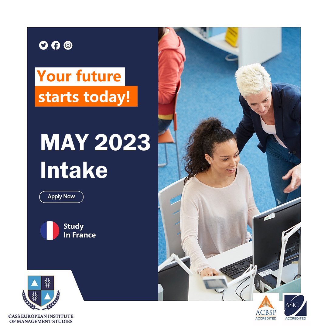 CassEurope's tweet photo. We are excited to announce that CASS Europe is receiving applications for May 2023 Intake, hurry up and reserve your spot for new students, transfer students, Masters students and PHD students.

For more information kindly visit our website :
https://t.co/zoUFCKyEED https://t.co/HSeHTPErpP