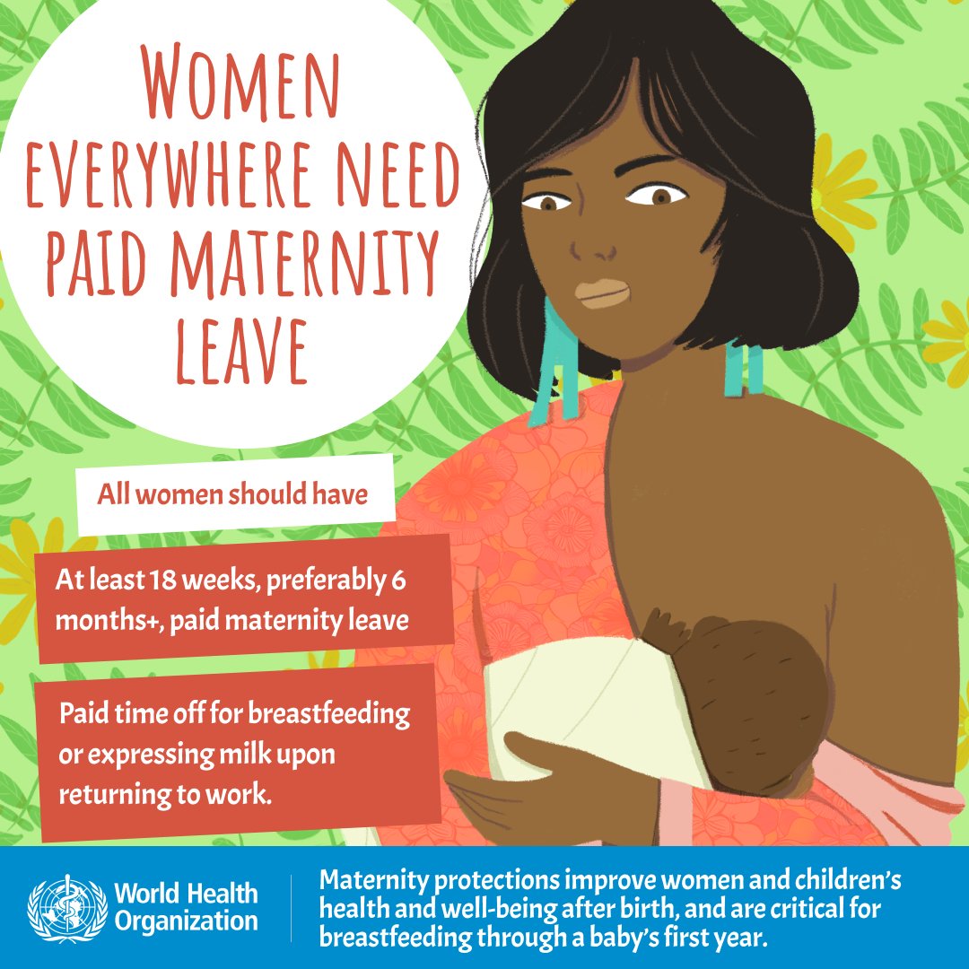 To protect health & support #breastfeeding, women need: 
💟 Adequate paid maternity leave - preferably 6+ months - in line with WHO guidance on exclusive 🤱🏻
💟 Time off for 🤱🏻 or expressing milk upon return to work 
💟 🤱🏻-friendly workplaces & childcare 
bit.ly/3Ya22iM