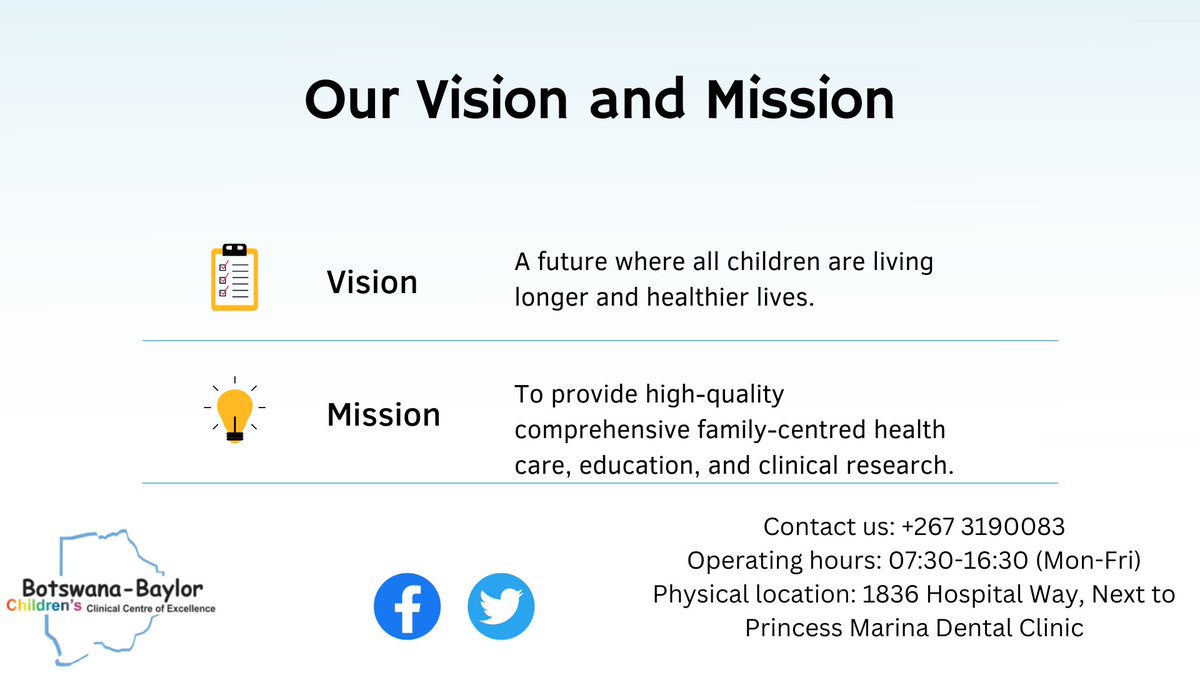 BaylorBotswana's tweet photo. #KnowledgeWednesday
Being the leader in the field of paediatric HIV and cancer care in Botswana, the Southern Africa region, and beyond, Botswana-Baylor Trust vision is to have a future where all children are living longer and healthier lives.
#BotswanaBaylor https://t.co/xB456YIlDK