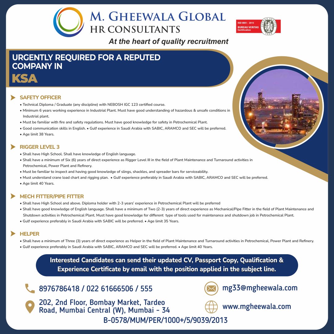 mgheewala_hrc's tweet photo. Job Vacancies for #Saudiarabia

Interested Candidates can send the updated resume to mg33@mgheewala.com

Learn More https://t.co/Ps4bxv2mB1

#rigger #riggerjob #fitter #mechanicalfitter #pipefitter #fitterjob #helperjob #diploma #graduate #sabic #aramco #petrochemical #oilandgas https://t.co/54TYjxHh2j