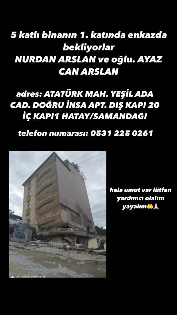 #hatayyardimbekliyor
#acildeprem 
#HatayıKaderineTerkEtme 
#hatay
#HatayinSesiniDuyun 
#samandag #SamandagYardimBekliyor #samandagdeprem #DEPREMOLDU #deprem #antakya
<a href="/haluklevent/">Haluk Levent ( Ahbap Ekibi )</a> <a href="/OguzhanUgur/">Oğuzhan Uğur</a>  <a href="/DepremDairesi/">AFAD Deprem</a> <a href="/AFADBaskanlik/">AFAD</a> <a href="/Haydi_Ahbap/">Haydi Ahbap</a>