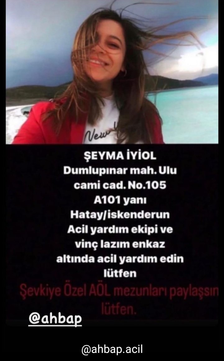 İSKENDERUN - HATAY Şeyma iyol Dumlupınar mahallesi Ulucami CAD. No:105 A101 yanı  SES VERMİŞ VİNÇ GEREKİYORMUŞ LÜTFEN YARDIM EDİN‼️‼️‼️ 
Hatay'da <a href="/LordSnow/">Jon Snow</a> <a href="/OguzhanUgur/">Oğuzhan Uğur</a> <a href="/haluklevent/">Haluk Levent ( Ahbap Ekibi )</a> <a href="/cuneytozdemir/">cüneyt özdemir</a> <a href="/dayagiyedin/">Dayakçı</a> <a href="/Gokhenks/">Gökhan Yıldırım</a> <a href="/nevsinmengu/">nevsin mengu</a> <a href="/kubrapc/">kübra par</a> <a href="/ahbap/">Ahbap</a>  <a href="/takkkkkkkkko/">TAKO</a>
#tahaduymaz