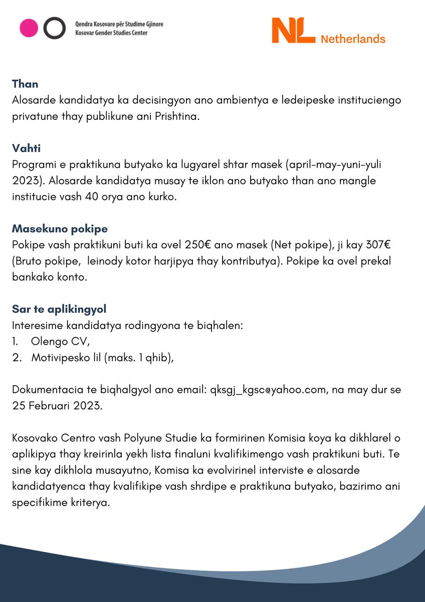 KGSCenter's tweet photo. 📣 Kharipe vash praktikuni buti e pokipeya!

📌 Kosovako Centro vash Polyune Studie puterla kharipe e programesko vash praktika vash o Romane, Ashkalyune thay Egipqanyune qhaya;

📌 Aplikineni biqhalinday CV thay Motivipesko Lil ano qksgj_kgsc@yahoo.com https://t.co/CkgqYkmksF