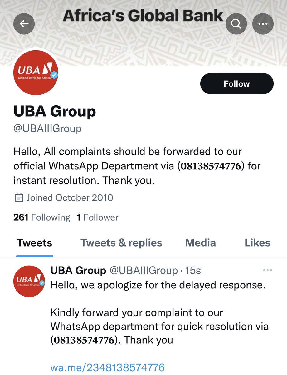 Like we always say, No, we do not have a WhatsApp Department.

⚠️Please disregard posts requesting you to chat on WhatsApp to resolve complaints or enquiries.

❌ Do not chat 08138574776 &amp; others

🔐 Keep your private banking and card details safe &amp; do not reveal to impersonators