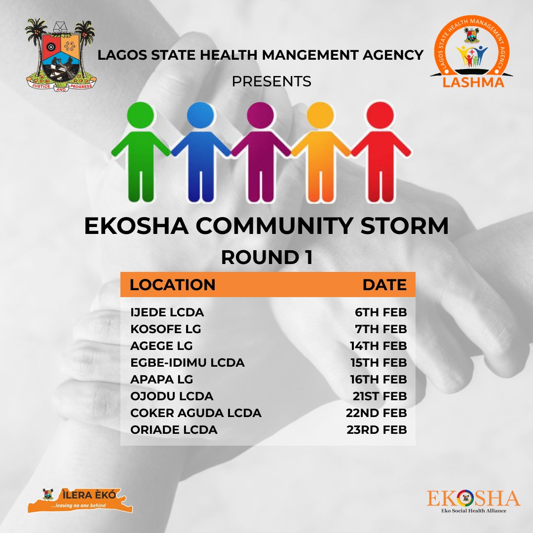 ZambaDr's tweet image. The EKOSHA Community Storm is ongoing and is going to be held at the 57 LCDAs and Local Governments in Lagos.

The First Round has commenced and will be on through February. Be sure to join us at your LCDA or Local Government to get registered under the ILERA EKO Health Plan.