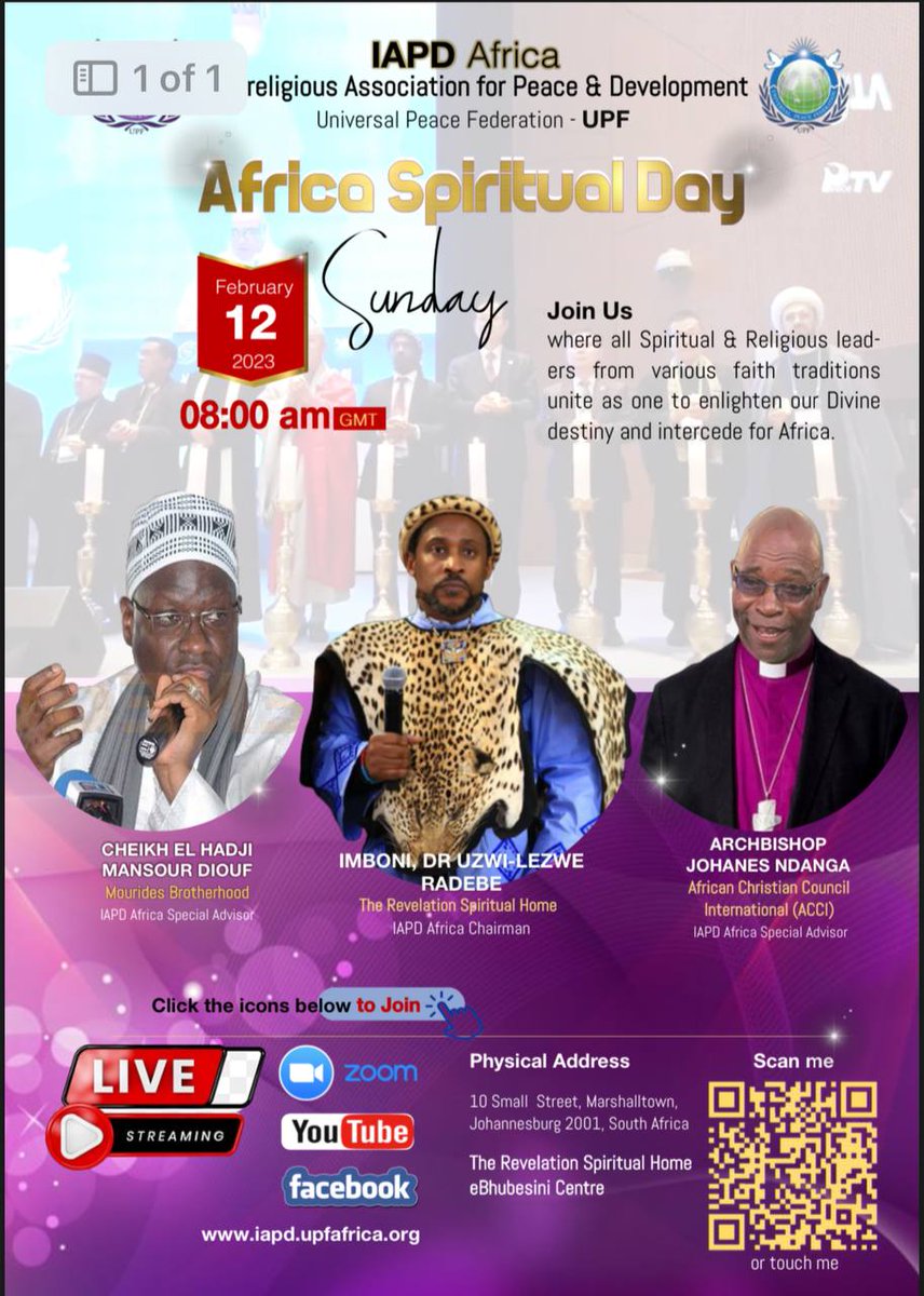 Join us 
Where all Spiritual &amp; Religious leaders from various faith traditions unite as one to enlightened our Divine destiny and intercede for Africa.#africanspiritualday #Iapdunitingtheworld