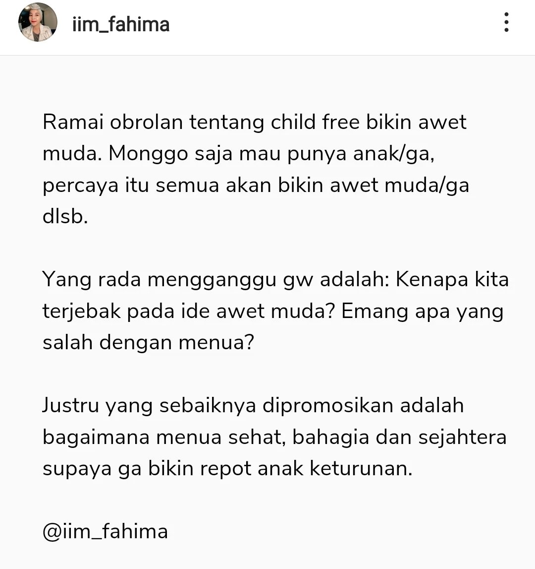 iimfahima's tweet photo. Kenapa terobsesi awet muda, padahal menua itu pasti?

Yang seharusnya banyak dipromote adalah menua dengan sehat, bahagia dan sejahtera. Fisik, mental, finansial.

Supaya ga jadi beban anak keturunan. https://t.co/zX8OuJx0RT