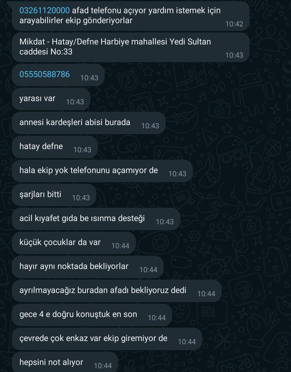 Arkadaşımıza günlerdir yardım ulaşmadı hala ailesiyle aynı yerde bekliyorlar lütfen yayalım yardım ulaşması lazım <a href="/IstanbulAFAD/">A F A D İstanbul</a> <a href="/AFADHatay/">AFAD HATAY</a> <a href="/DocDrLutfuSavas/">Lütfü Savaş 🇹🇷</a> <a href="/OguzhanUgur/">Oğuzhan Uğur</a> <a href="/BabalaTv/">BaBaLa TV</a> <a href="/haluklevent/">Haluk Levent ( Ahbap Ekibi )</a> 
#hatayyardimbekliyor #hatayiskenderun #HatayıKaderineTerkEtme #hatayantakya