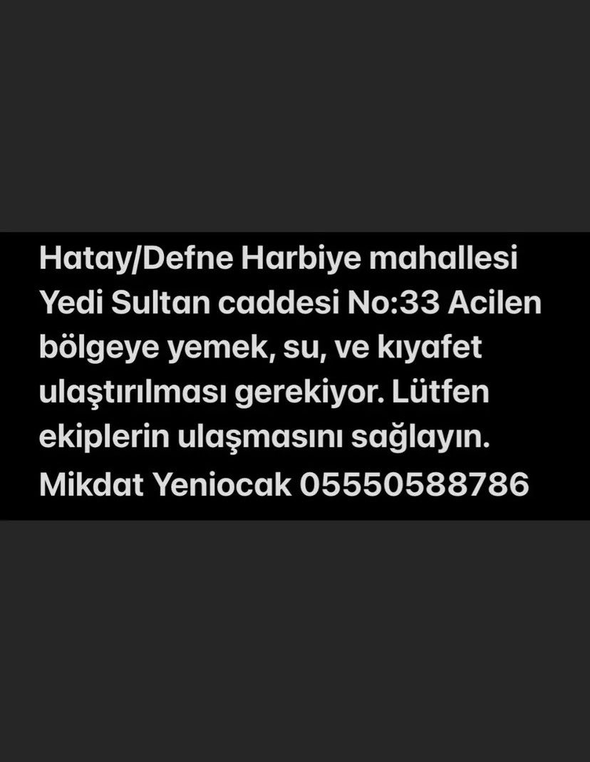 emir_altay_'s tweet photo. Arkadaşımıza günlerdir yardım ulaşmadı hala ailesiyle aynı yerde bekliyorlar lütfen yayalım yardım ulaşması lazım @IstanbulAFAD @AFADHatay @DocDrLutfuSavas @OguzhanUgur @BabalaTv @haluklevent 
#hatayyardimbekliyor #hatayiskenderun #HatayıKaderineTerkEtme #hatayantakya https://t.co/WgUqRlTKbF