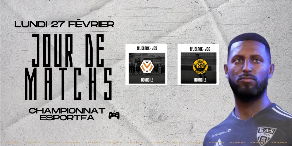 VOC eSport (@esport_voc) on Twitter photo 𝐍𝐨𝐮𝐯𝐞𝐥𝐥𝐞 𝐬𝐞𝐦𝐚𝐢𝐧𝐞 <a href="/eSportFA_FR/">ESPORT FOR ASSOCIATIONS</a> !
🏆| EFL Black
🆚| <a href="/MTLK_eFoot/">MTLK efoot</a>
🆚| <a href="/Pandore_eFoot/">Pandore eFoot</a>
#AllezLeVOC⚫️⚪️
<a href="/VOC_officiel/">Vannes Olympique Club</a> 𝐍𝐨𝐮𝐯𝐞𝐥𝐥𝐞 𝐬𝐞𝐦𝐚𝐢𝐧𝐞 <a href="/eSportFA_FR/">ESPORT FOR ASSOCIATIONS</a> !
🏆| EFL Black
🆚| <a href="/MTLK_eFoot/">MTLK efoot</a>
🆚| <a href="/Pandore_eFoot/">Pandore eFoot</a>
#AllezLeVOC⚫️⚪️
<a href="/VOC_officiel/">Vannes Olympique Club</a>