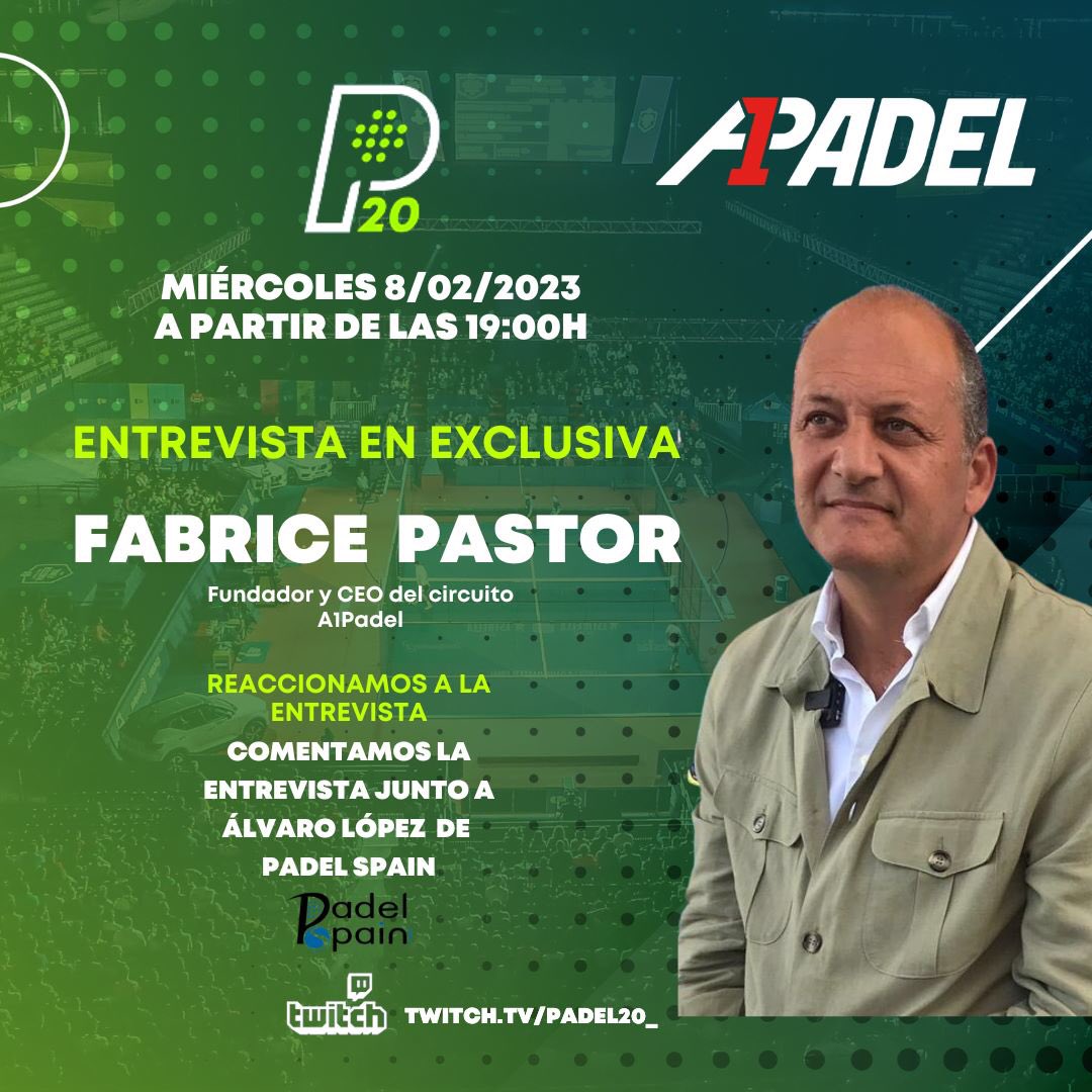 🔥 ENTREVISTA EN EXCLUSIVA 

🎾 Hoy a las 19:00h DIRECTO de <a href="/padel20/">Padel 2.0</a> en <a href="/TwitchES/">Twitch ES</a> 

🗣 Fabrice Pastor
Fundador y CEO del Circuito <a href="/A1PadelOfficial/">A1 Padel</a> 

👉 twitch.tv/Padel20_

#Padel #PadelenTwitch #ElPadelUne #FabricePastor #A1Padel
