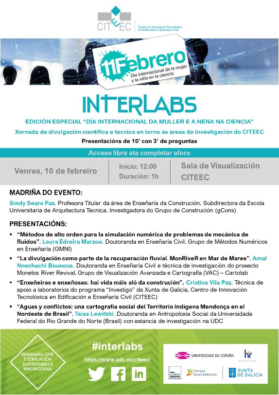 🎉 Volven os #INTERLABS ao #CITEEC!
👩‍🔬 E facémolo cunha edición especial co gallo do Día Internacional da Muller e a Nena na Ciencia (#11F #mujeryciencia #MujeresEnCiencia #11febrero)
🗓️⏰ Venres 10, ás 12:00 h
📍 Sala de Visualización do CITEEC
😍 Aquí tedes o cartel completo 👇