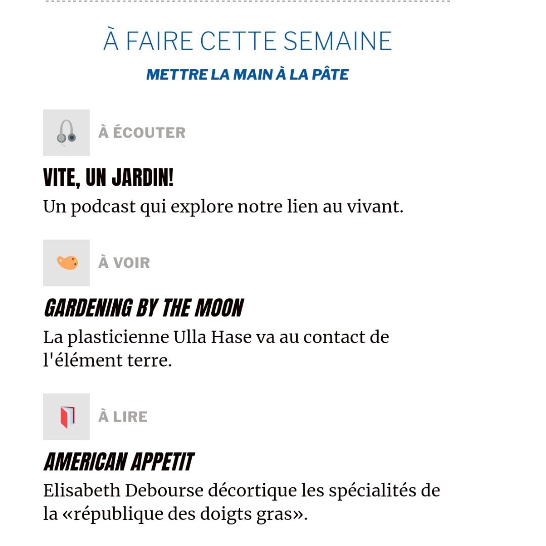 La_Pointe_Tweet's tweet photo. Nos #recommandations hebdomadaires sont parues !
-> cette semaine, mettons la main à la pâte! avec un podcast @ARTE_Radio , un livre #americanappetit #elisabethdebourse, une expo #ullahase #gardeningbythemoon @mary_donkey
https://t.co/YxSd4c90HH https://t.co/0hRMljJoEo