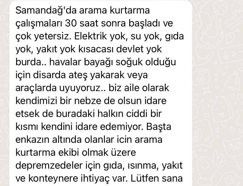 avhavvakulug's tweet photo. Hatay Samandağ’da hala yeterli yardım yok. Arkadaşlarımızdan aldığımız mesajlar şöyle. Artık ciddi yardımlar yapılmalı @AFADBaskanlik @HatayBSB @ahbap @ahbaphatay @OguzhanUgur https://t.co/c93IscYrSs