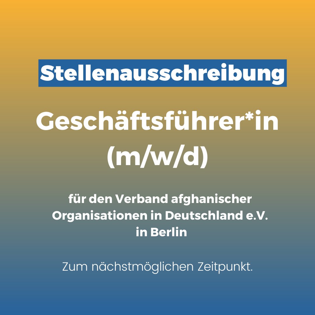++We’re #hiring!++

Wir suchen zum nächstmöglichen Zeitpunkt eine #Geschäftsführung (m/w/d) für <a href="/VAFOinDe/">Verband Afghanischer Organisationen in Deutschland</a>! 

➡️vafo.ngo/wp-content/upl…

Sie haben Interesse? Dann freuen wir uns über Ihre Bewerbung bis zum 25.02.23 an vorstand@vafo.ngo.

#job #stellenangebot #berlin #afghanistan