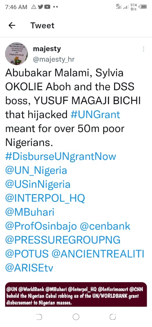 #DisburseGrantNow
#GrantProtestNigeria
These 3 AGENTS OF DEVIL: DG, DSS Magudu Bichi, CBN governor, Emefiele and accountant general  Okolie Aboh are behind d non disbursement of UN GRANT 
 MOTHER OF ALL PROTESTS IS ABOUT TO HIT NIGERIA
@cnn @interpol_hq  @mbuhari @potus @un