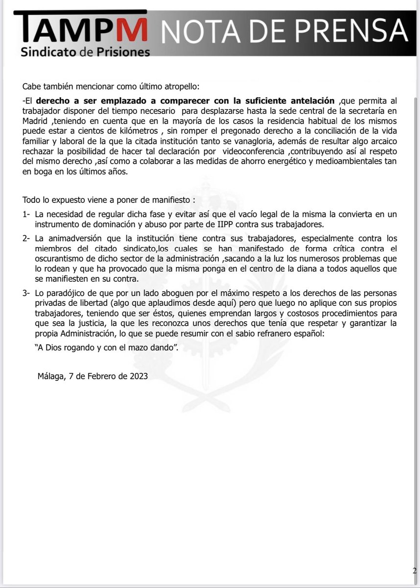 ⚖️ | LA JUSTICIA declara INCONSTITUCIONAL la forma de proceder de <a href="/IIPPGob/">Instituciones Penitenciarias</a> contra sus TRABAJADORES‼️(Sentencia TSJ de Madrid 1046/2022)

📃 #TAMPM denunció las prácticas “stalinistas” de la SGIP hacia su anterior portavoz <a href="/enriquelanuit/">enrique</a> en toma de declaración…

HEMOS GANADO!! 🏴