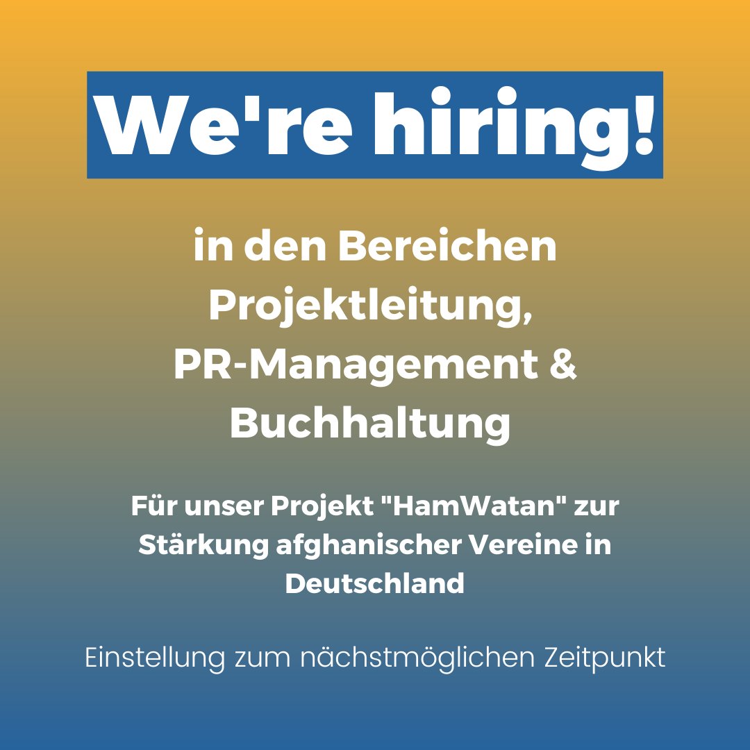 ++We're #hiring!++

Wir suchen zwei #Projektleitungen, eine*n #PR-Manager*in sowie eine*n #Buchalter*in für unser #HamWatan-Projekt! 

➡️vafo.ngo/wp-content/upl…

Wir freuen uns über Ihre Bewerbung bis zum 19.02.23 an vorstand@vafo.ngo. 

#job #stellenangebot #berlin #afghanistan
