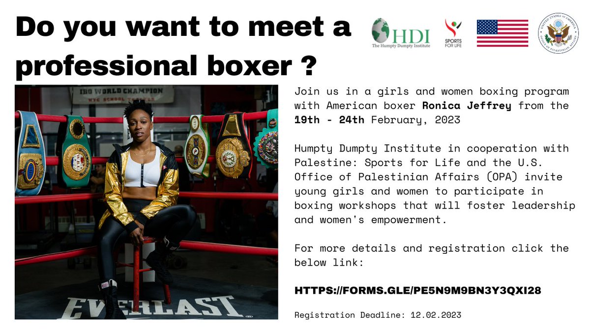 Most of you might already know. Todays is the last day to sign up to meet professional boxers like @Queenronij in our free boxing courses in Ramallah, Jerusalem and Gazza. Be fast and sign up until tonight: forms.gle/pE5n9m9bn3y3qX…