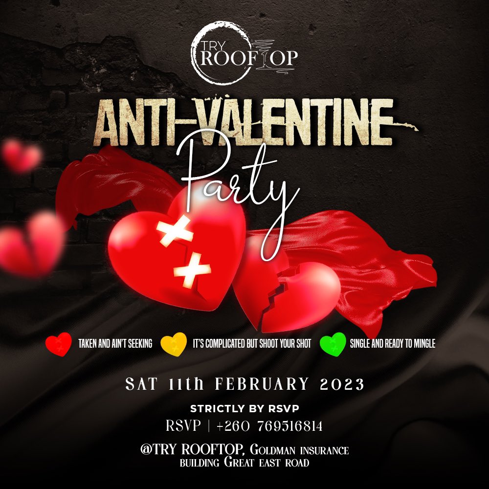 try_rooftopzm's tweet photo. This one is for those who love to hate love ,really just can’t be asked or just wanna have a good time.

Let’s party together and forget that valentines is even a thing.

RSVP, imagine not having a valentine and you miss this.🥲

#seeyouatthetop🌅 #antivalentinesday #tryrooftop https://t.co/mJHV7LBpxf