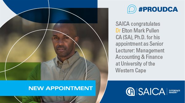 saica_za's tweet photo. We are pleased to announce that Dr Elton Mark Pullen CA (SA), Ph.D. has been appointed as Senior Lecturer: Management Accounting &amp; Finance at University of the Western Cape, one of South Africa's leading universities. #ProudCA #DifferenceMakers https://t.co/iZNn1MEBqI