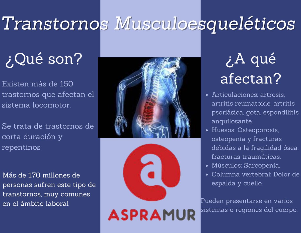 ASPRAMUR_RM's tweet photo. Transtornos #musculoesqueléticos. Qué son y en qué afecta. Más de 170 millones de personas lo sufren, siendo muy común en el ámbito #laboral https://t.co/ILSB8iP2Ei
