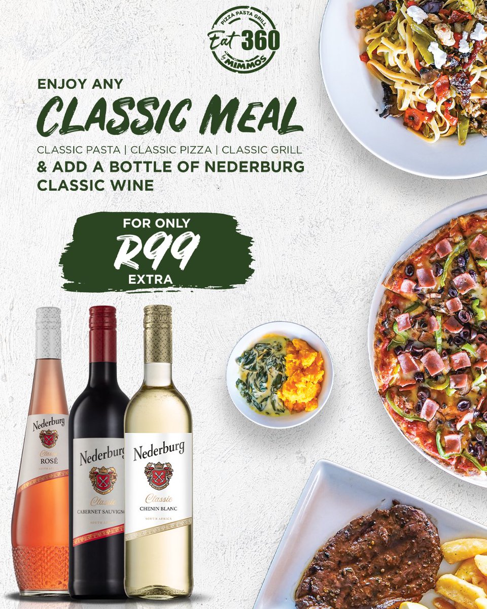 MimmosEatalian's tweet photo. Enjoy any of our classic #Mimmos meals and add a bottle of #Nederburg Classic Wine for only R99 extra 🍷

Ts &amp; Cs Apply | Alcohol Not For Persons Under The Age Of 18. https://t.co/0wGpFwPfae