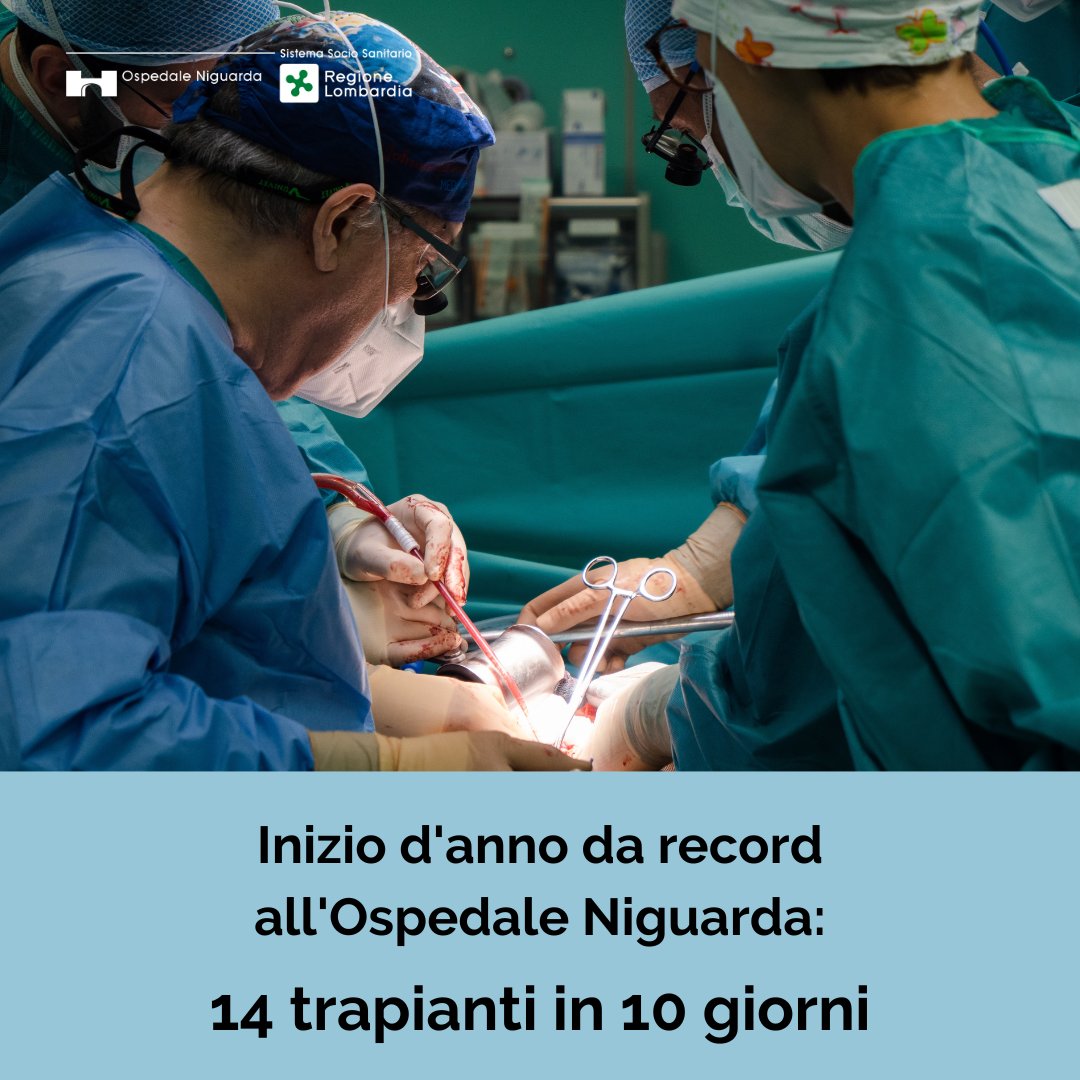 ospniguarda's tweet photo. Ospedale Niguarda: 14 trapianti in 10 giorni.

È un inizio d’anno da record per l’Ospedale Niguarda di Milano, dove in soli 10 giorni sono stati eseguiti ben 14 trapianti d’organo, 9 di fegato e 5 di rene.
⤵️
https://t.co/C3TgKfTZP0

#ospedaleniguarda https://t.co/oOBZ3pWt3n