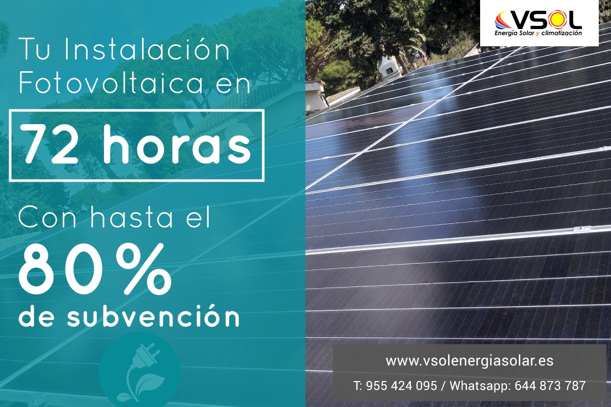 Vsol_Solar's tweet photo. Cuando queremos algo, lo queremos ya. Por eso, en @Vsol_Solar te instalamos tu #fotovoltaica en 72 h y te gestionamos tu subvención para que tu instalación te salga casi #gratis. 😃Llámanos al 955424095 o envíanos un Whatsapp al 644873787.  https://t.co/W7NyKtUFFR https://t.co/tvd4J5TrnX