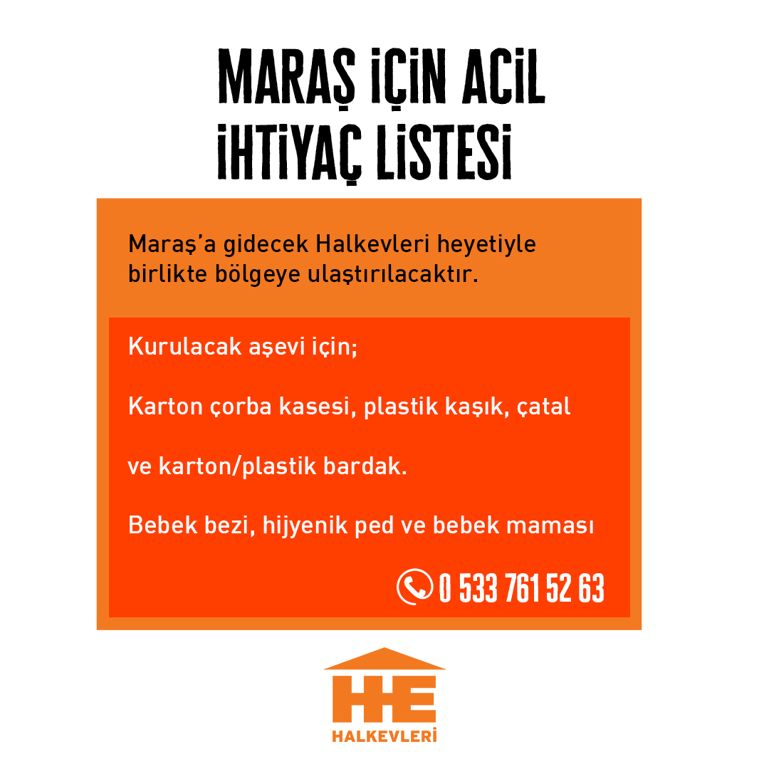 HalkeviAnkara's tweet photo. Maraş'a gidecek Halkevleri ekibiyle birlikte bölgeye ulaştırılmak üzere acil ihtiyaç listesi.

İletişim: 0 533 761 52 63 https://t.co/ICnD3Mxx9C