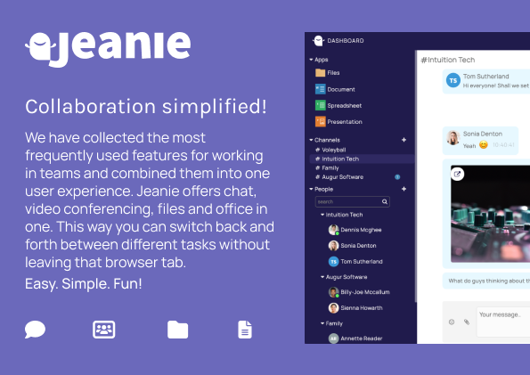 How do you currently communicate with your team? Maybe you chat on Messenger or Whatsapp, share your files on Dropbox or WeTransfer, and edit your documents on Google Docs.

There's an easier, more secure way! Try it for FREE: jeanie.app/?ch=sm_tw&cp=s…

#team #share #collaboration