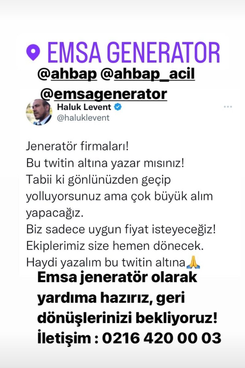 eliifozdem's tweet photo. @haluklevent Emsa Jeneratör yardıma hazır olduğunu iletti 0216 420 00 03 @ahbap @haluklevent @BabalaTv https://t.co/aCSjJDV0WJ