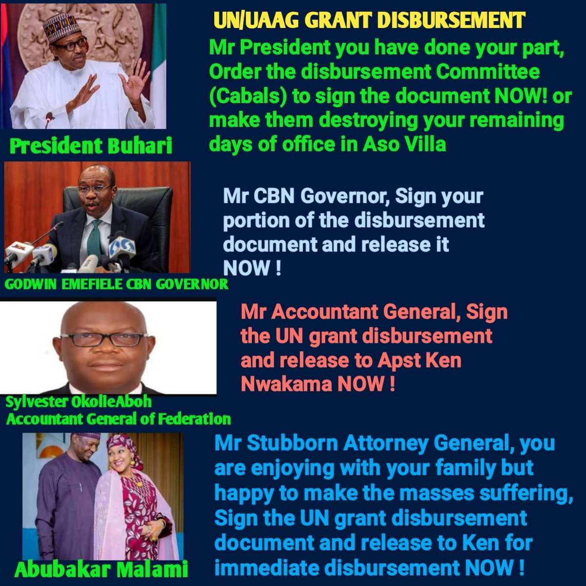 <a href="/MBuhari/">Muhammadu Buhari</a>, we heard you have signed, order your cabal disbursement committee to sign their portion and release the document to Ken Nwakanma for immediate disbursement NOW ! 
<a href="/UN/">United Nations</a> <a href="/IntlCrimCourt/">Int'l Criminal Court</a> <a href="/BBC/">BBC</a> <a href="/INTERPOL_HQ/">INTERPOL</a> <a href="/CNN/">CNN</a> <a href="/Isha/">Isha Bhatnagar</a> Yesufu <a href="/Google/">Google</a> 
#DisburseUNgrantNow 
#GrantprotestNigeria