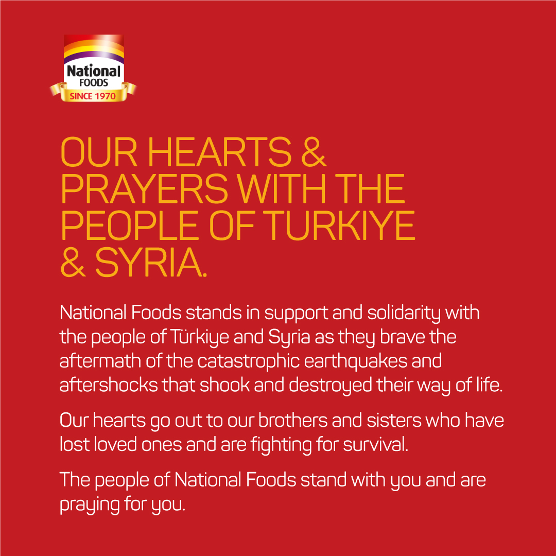 NationalFoodLtd's tweet photo. Our thoughts are with the people of Turkiye and Syria in the wake of the devastating earthquakes that have shocked the two countries.
We send our condolences to the affected families and pray for their wellbeing.
#SupportforTurkiye #SupportforSyria #NationalFoods https://t.co/OqIcoaOV6a