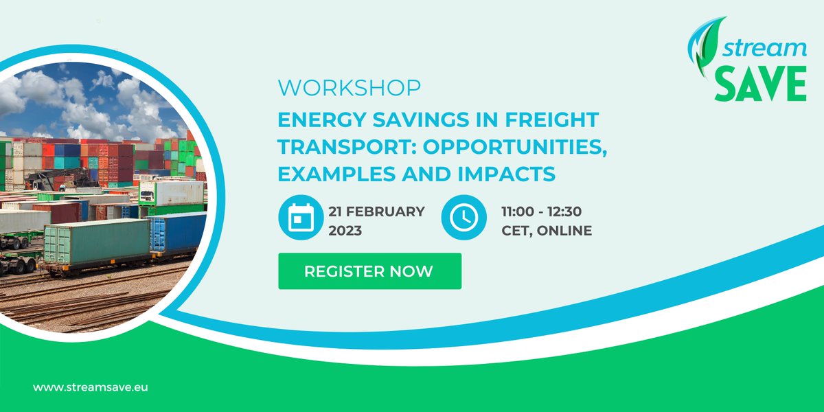 stream_save's tweet image. 🚚 Have you registered for the #streamSAVE workshop on energy savings in freight transport?

👉 Join us on 21 February from 11:00-12:30 CET to learn more about the opportunities, examples and impacts of these energy savings.

🔗 bit.ly/3HB0yIN

#H2020 #H2020EE
