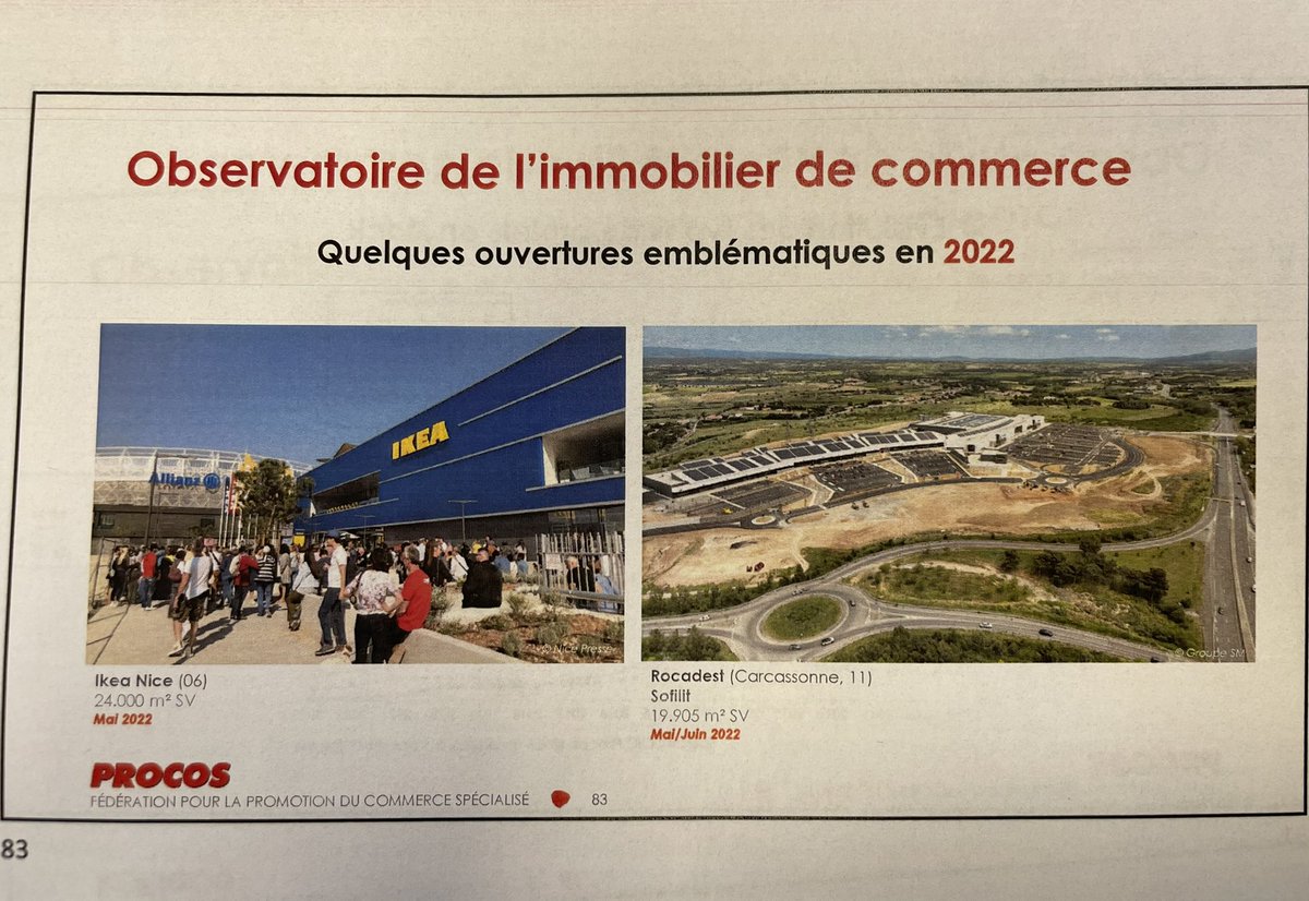 OlivierRazemon's tweet photo. La France continue inlassablement à tuer ses villes. 
Et comme si ça ne suffisait pas, voici la liste des «ouvertures emblématiques» de zones commerciales en 2022 et 2023.
L’étalement urbain, cette passion française. https://t.co/xzX5TH0U15