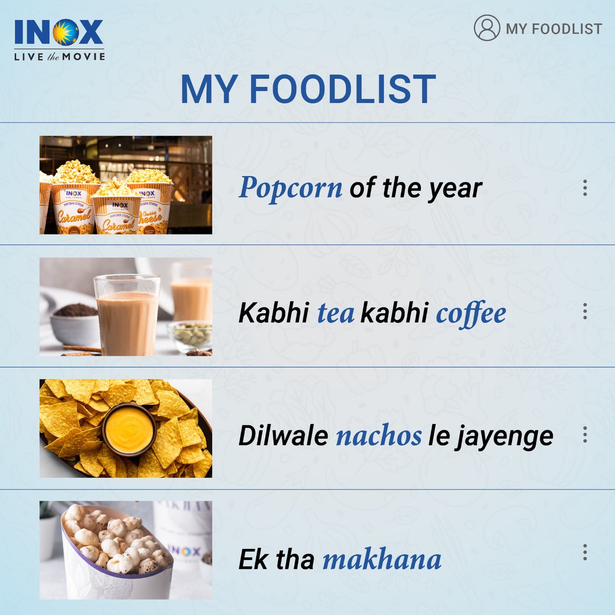 INOXMovies's tweet photo. Ek baar mene food ki commitment kardi toh mein diet ki bhi nahi sunta!
Donโt miss out on our crunchy munchies.
Order now from @zomato & @swiggyindia or enjoy while watching your favourite movie on the big screens of #INOX!
#INOXFood #INOXDelicacies #Zomato #Swiggy #LiveTheMovie https://t.co/XT7smx6eU9