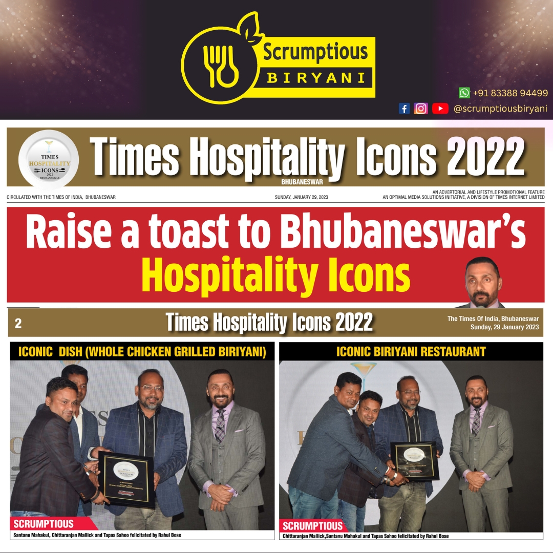 scrumptious_ind's tweet photo. Your favorite SCRUMPTIOUS BIRYANI is now the TIMES ICONIC BIRYANI RESTAURANT of Bhubaneswar. SCRUMPTIOUS BIRYANI has also been awarded the TIMES ICONIC DISH for its most unique cuisine, WHOLE GRILLED CHICKEN BIRYANI, from Times of India's Times Hospitality Icons 2022. https://t.co/MveVGB7xJr