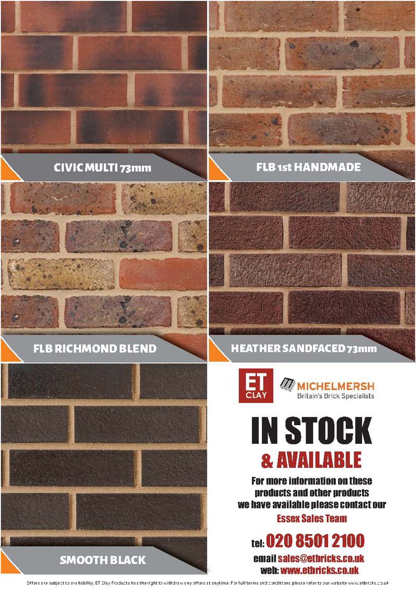 🟠 Selection of <a href="/mbhplc/">Michelmersh</a> Bricks 

🧱 In Stock &amp; Available 

🟥 Civic Multi 73mm 

🟥 FLB 1st Handmade 

🟥 FLB Richmond Blend

🟥 Heather Sandfaced 73mm 

⬛️ Smooth Black 

Essex Sales Team 
📞020 8501 2100 

West Midlands Sales Team 
📞 0121 351 5991 

#bricks #etclay