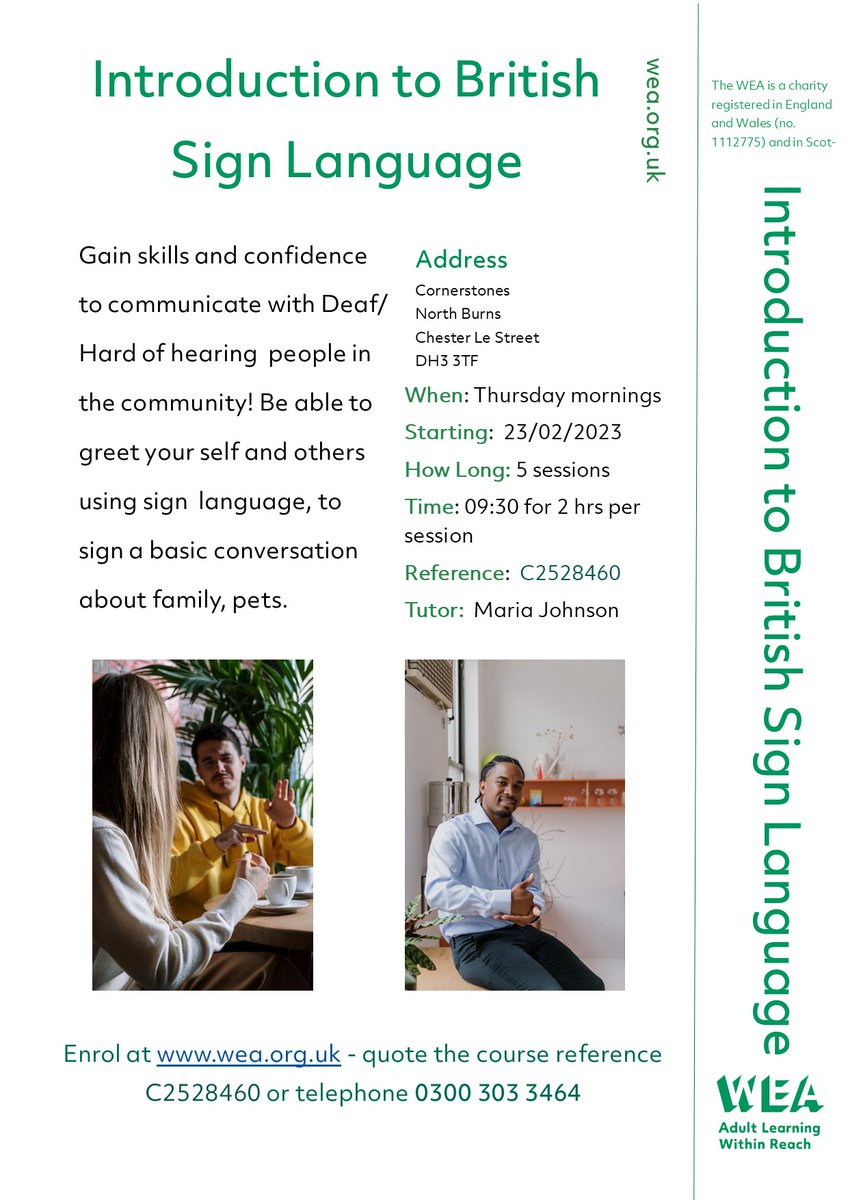 Have you always fancied being able to understand and communicate the basics of another language? 
Our Introduction to British Sign Language could be right up your street!
For more information:  enrolonline.wea.org.uk/online/courses…