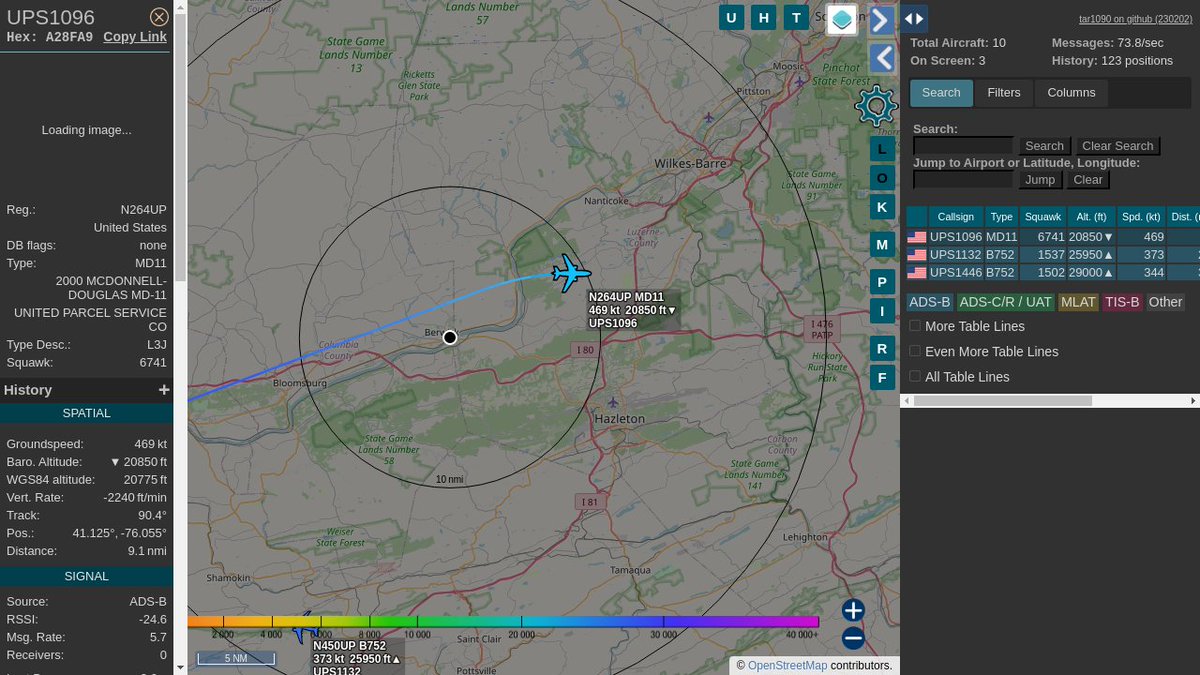 #UPS1096 / A28FA9: Squawk 6741, 2.5mi away @ 23350ft, heading E at 574.9mph @ 03:51:51 US Eastern Time. #LateNights #UpInTheClouds #ZOOOM #PROSPBerwick #ADSB