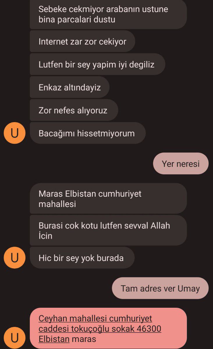 _melunturk's tweet photo. @OguzhanUgur Ağabey lütfen bunu paylaş. Arkadaşımız daha yeni yazdı şarjı üçmüş iletişimi kaybettik. Olay daha yeni yaşandı. 

#deprem #acildeprem #TurkeyEarthquake #hatayiskenderun #HelpTurkey #earthquakeinturkey #AHBAP #tahaduymaz #OguzhanUgur @OguzhanUgur @haluklevent https://t.co/mbyw6KiwqB