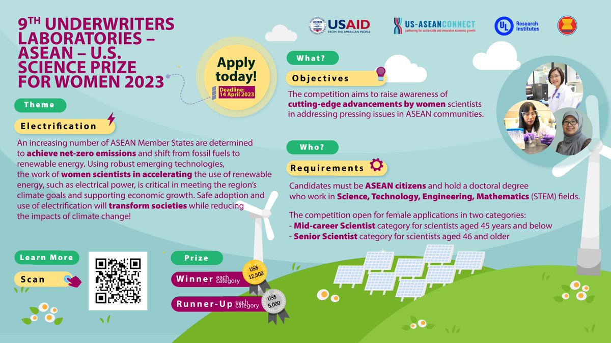ASEAN's tweet photo. UL-ASEAN-US Science Prize for Women 2023 is calling for applicants!

Deadline on 14 April: https://t.co/QrDpfr3Ij2  

Themed “Electrification”, it aims to recognise women scientists who have developed innovative machines/systems using electrical power. https://t.co/dzGTsiCcjg